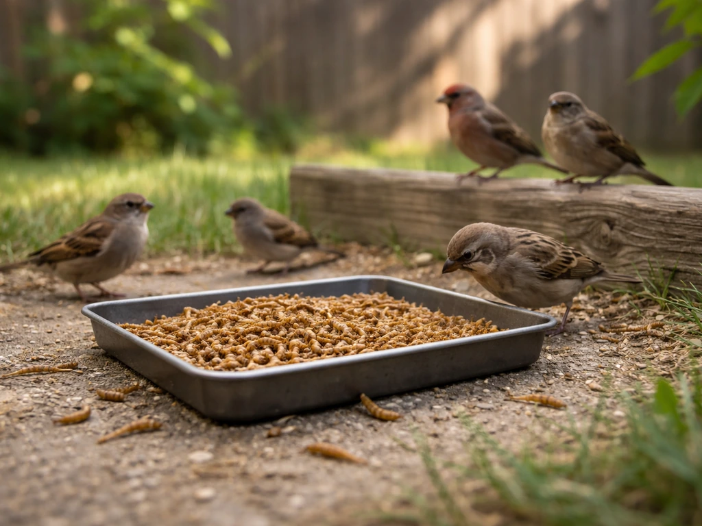 Small backyard songbirds gathered at a feeder tray with dried mealworms in soft natural light.