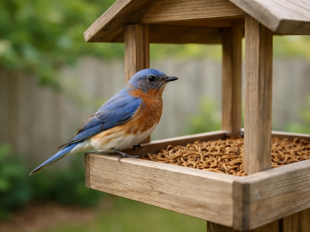 A bluebird at a backyard feeder beside a tray with dried mealworms.