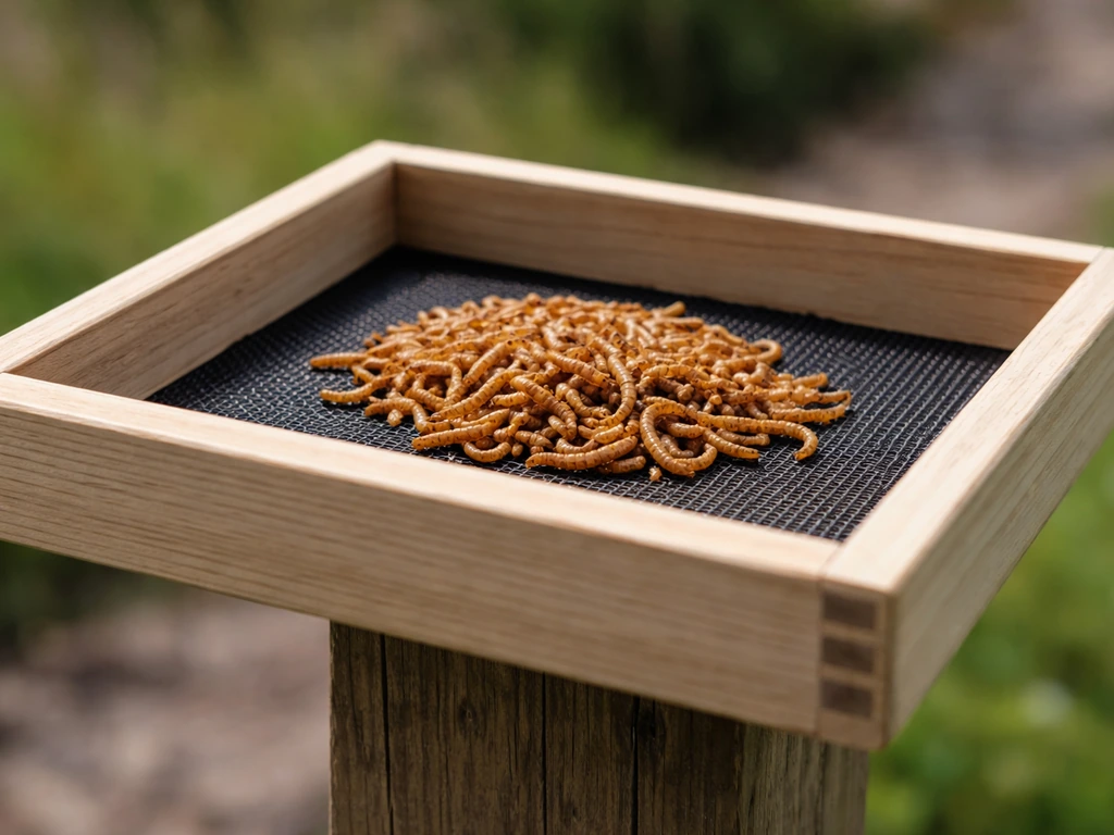 Close-up of a shallow open platform tray feeder with mealworms on a perch area for birds.