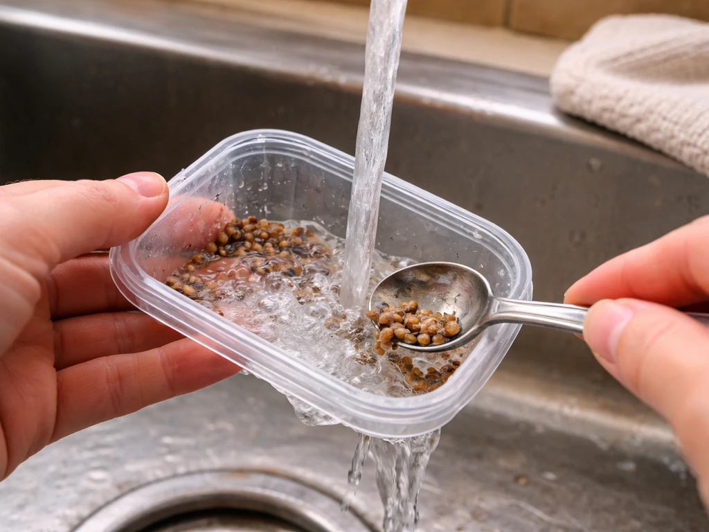 Hand rinses a small mealworm dish under hot water, removing leftover mealworms on a clean counter.