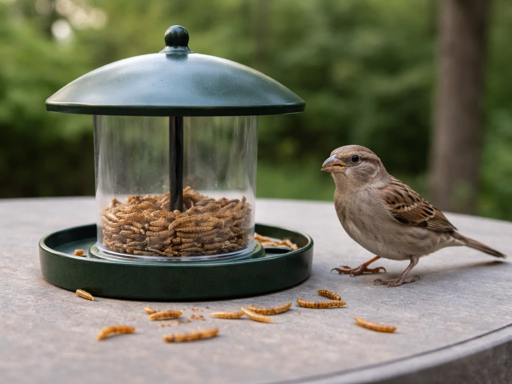 Mealworms scattered on a backyard feeder with a small bird nearby, showing unwanted visitors draining the food.