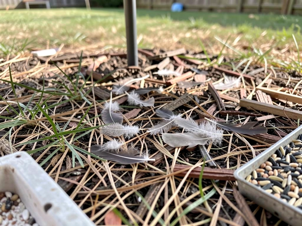 Plucked feathers scattered under a feeder, with no carcass visible.