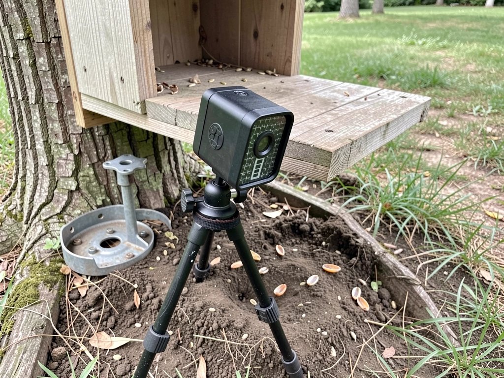 Trail camera mounted facing a backyard feeder to confirm a predator.
