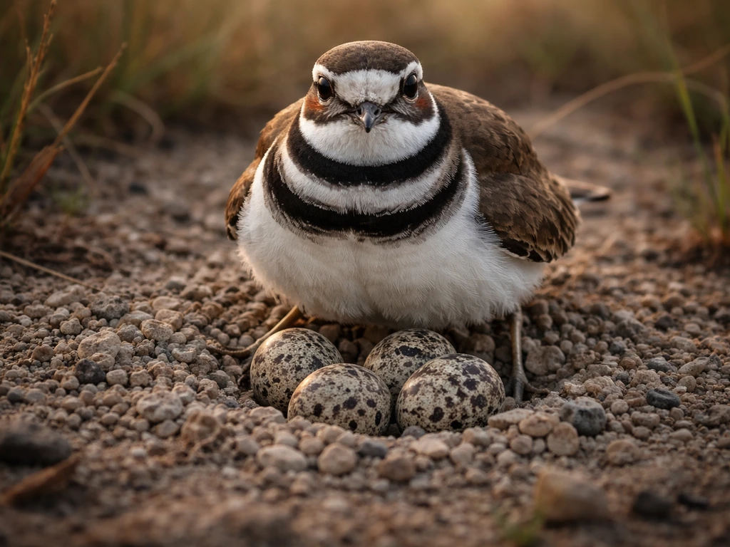 Killdeer standing over eggs on a gravel nest in the wild, seen from eye level.