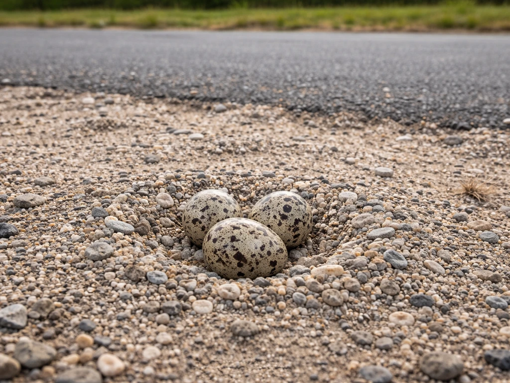 Killdeer nest on gravel with two spotted eggs at the edge of a parking lot, close-up wildlife photo.