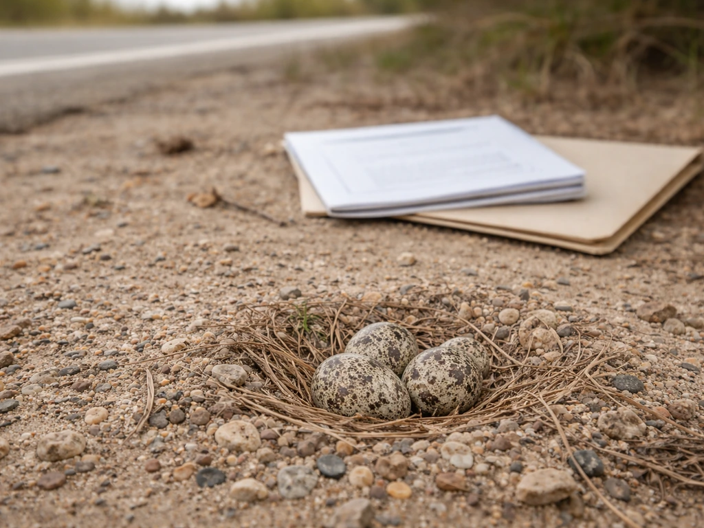 Close-up of an MBTA-style wildlife law booklet beside a protected killdeer nest with eggs on a quiet roadside