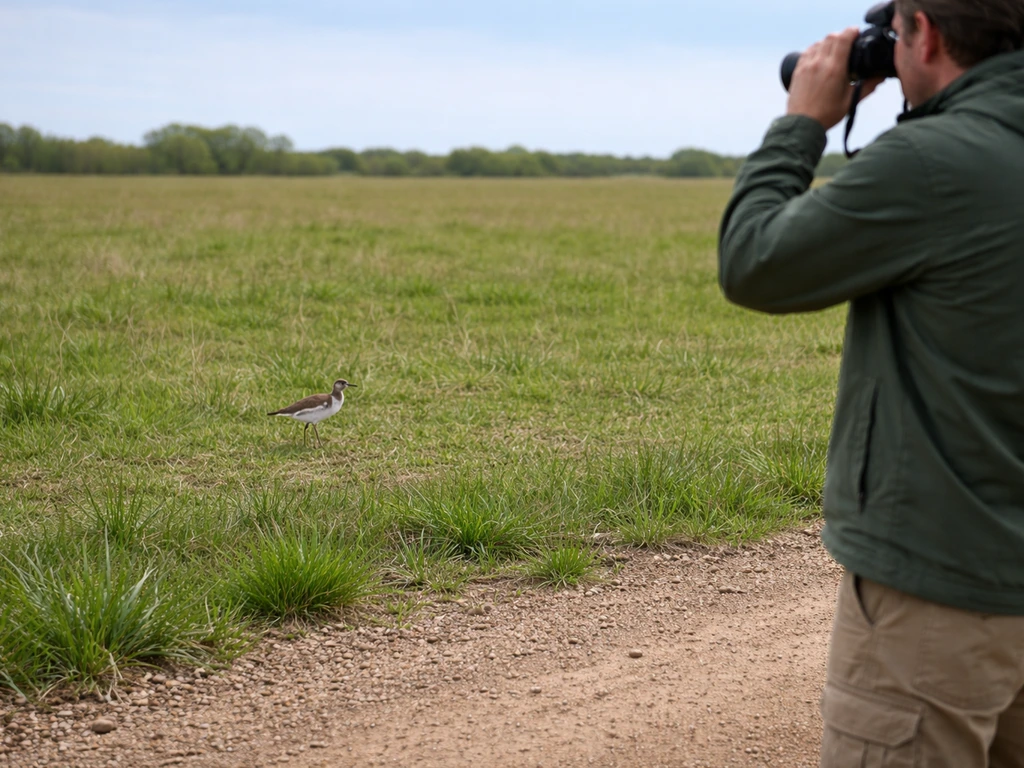 Person using binoculars from a respectful distance to watch a killdeer near a simple open field