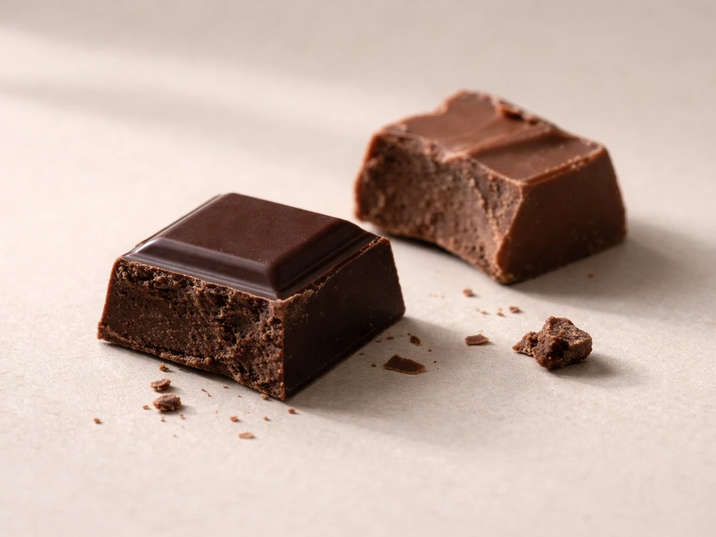 Close-up of dark and milk chocolate pieces and a small crumb on a neutral surface.