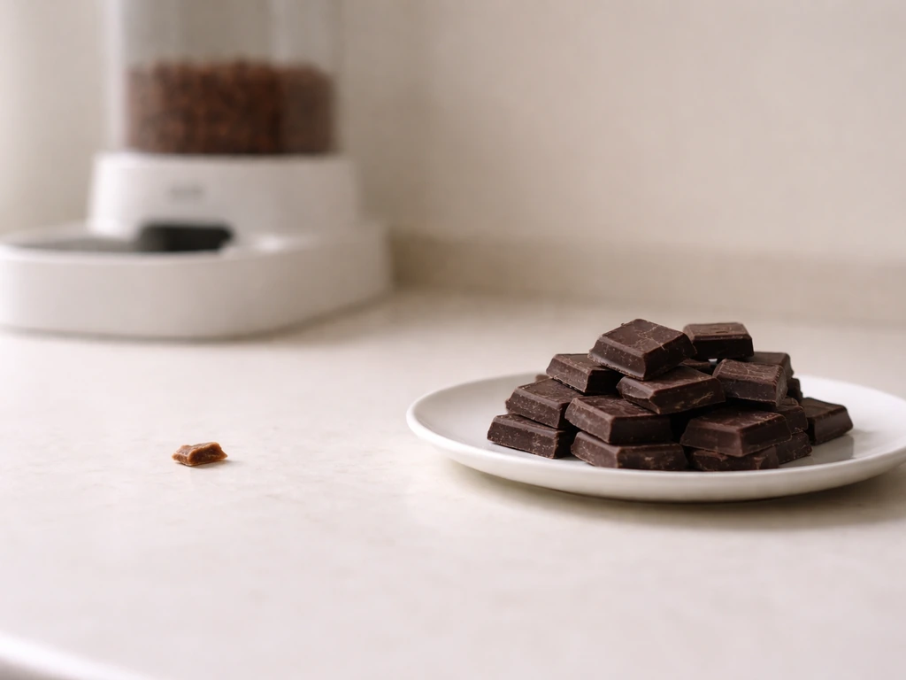 Milk-chocolate crumb beside a measured dark-chocolate portion on a kitchen counter, showing different risk levels