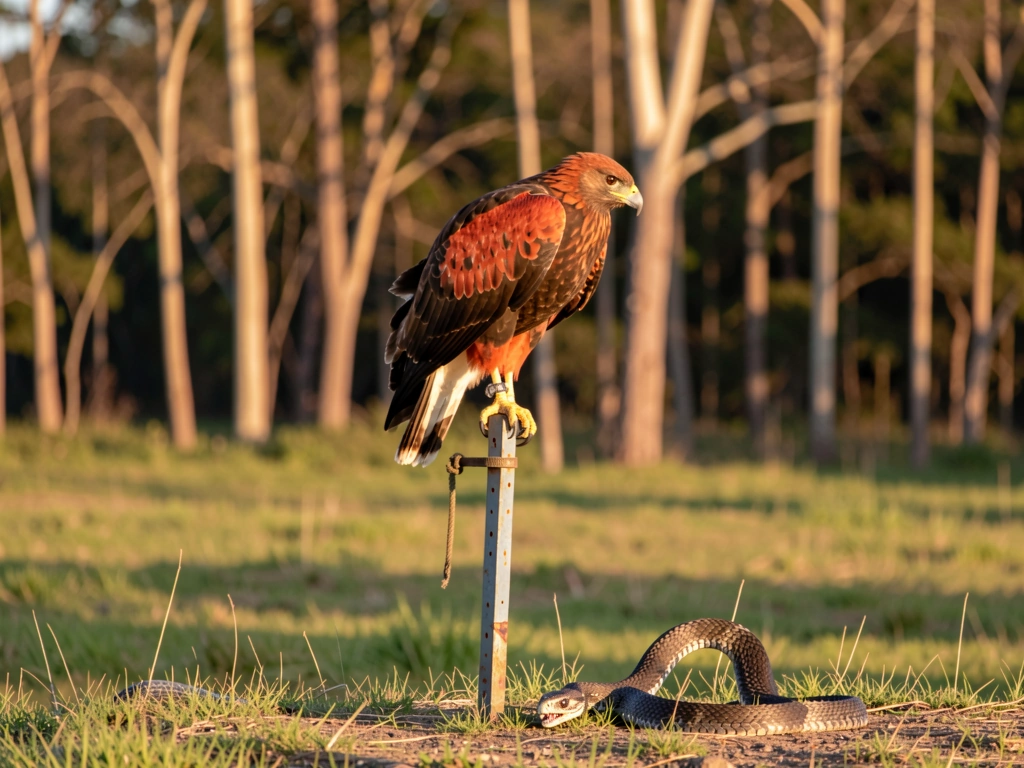 Raptor talons pinning live snake on open ground