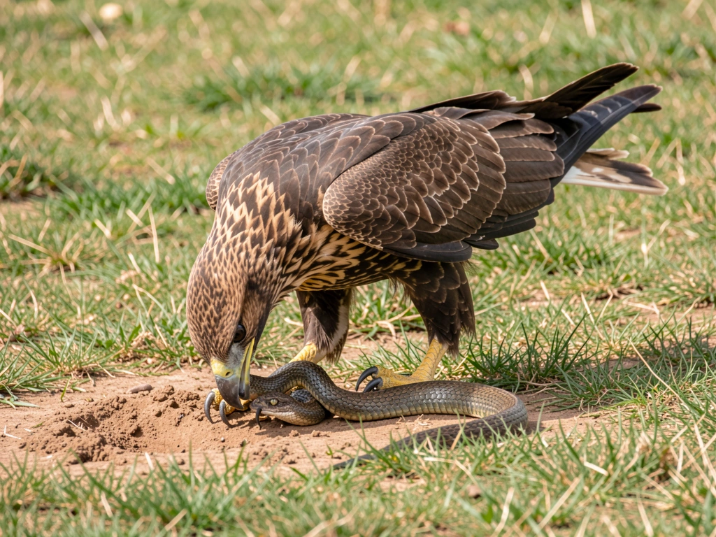 Red-tailed hawk perched at field edge with snake prey nearby