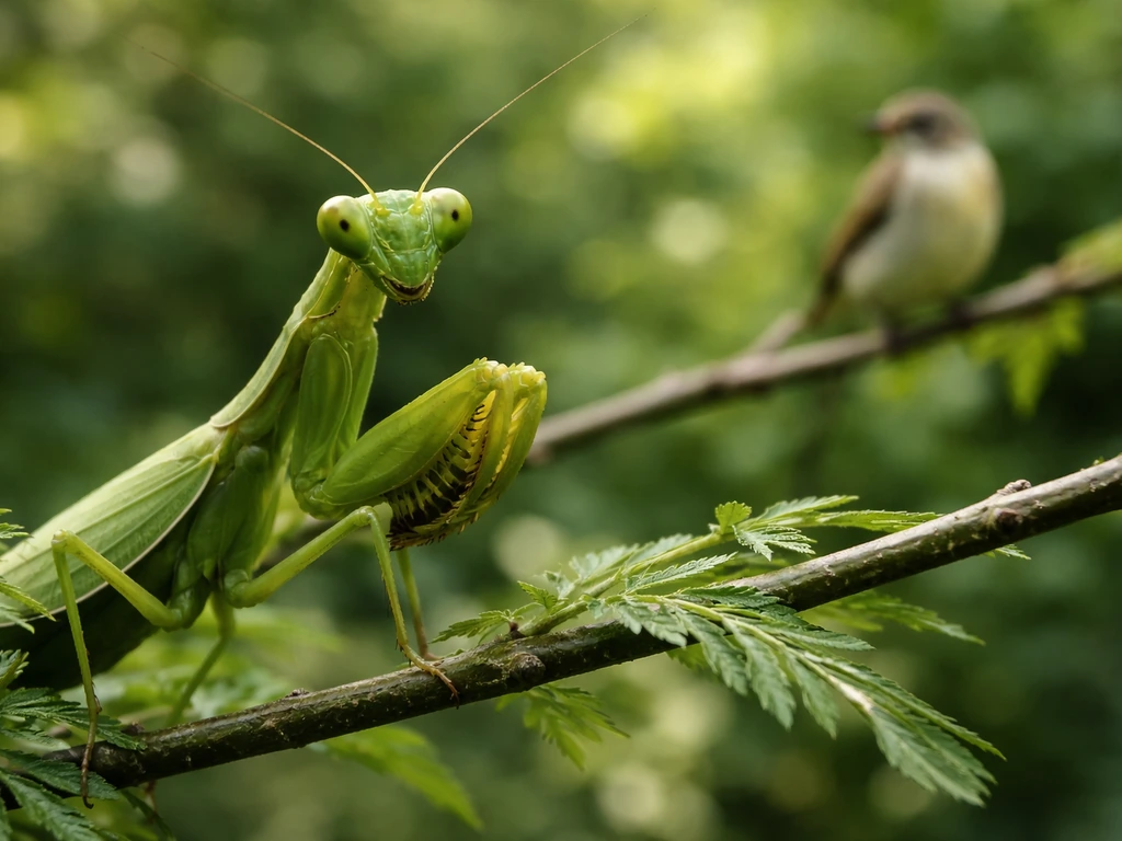 Sharp praying mantis on a branch with a small songbird blurred in the background