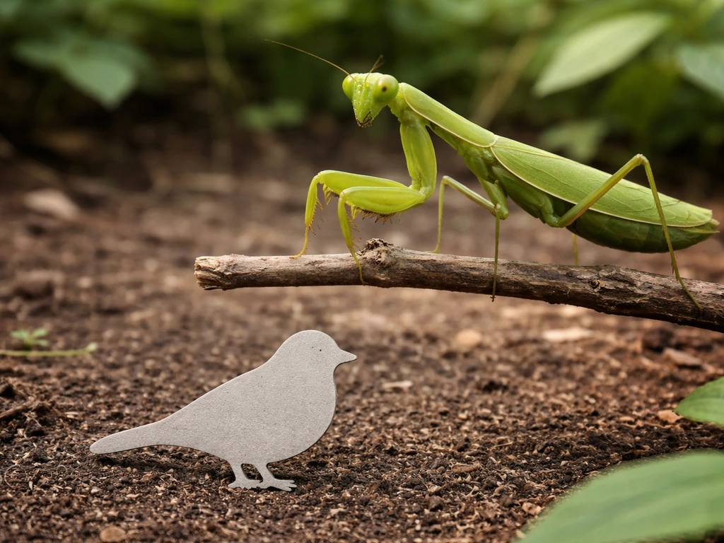Praying mantis perched beside a small bird silhouette for scale comparison