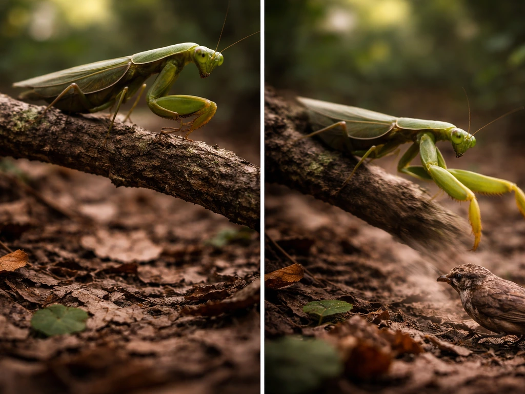 Camouflaged mantis poised on a low branch, then mid-strike with raptorial forelegs toward a small target.