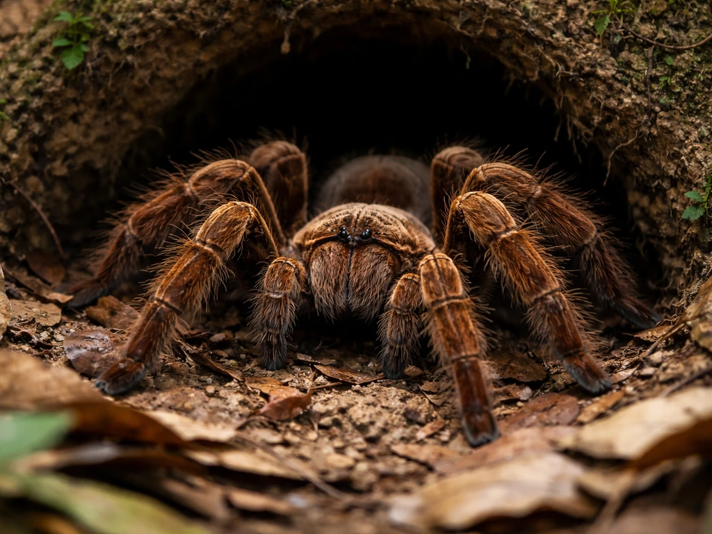 Close-up of a Goliath bird-eating tarantula on leaf litter at a burrow entrance, ground ambush predator vibe.