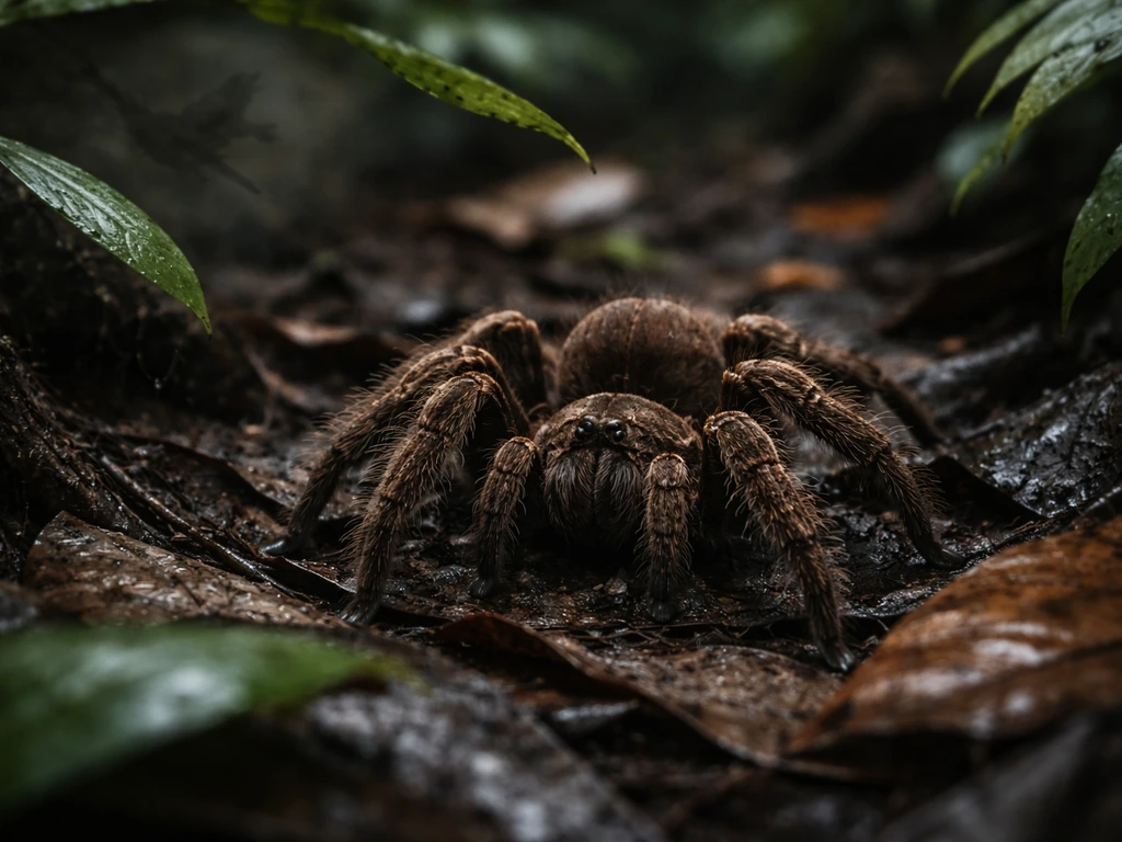 Close-up of a tarantula in rainforest leaf litter with a faint bird silhouette crossed out to show rare bird predation.
