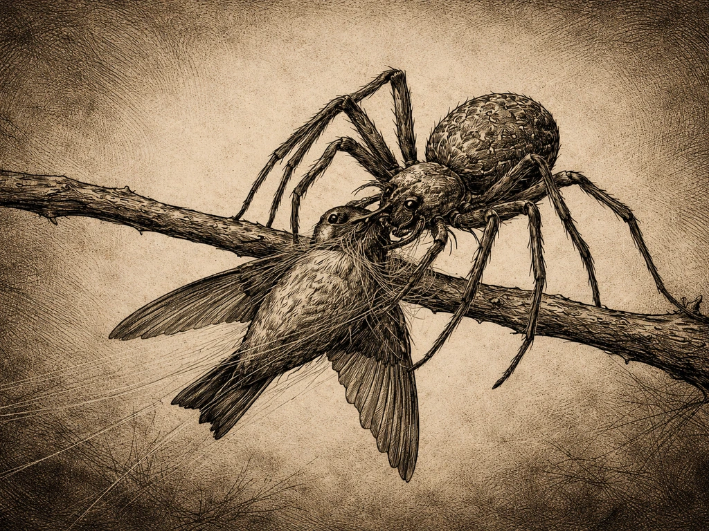 Stylized old engraving showing a large spider catching and eating a hummingbird on a natural branch.