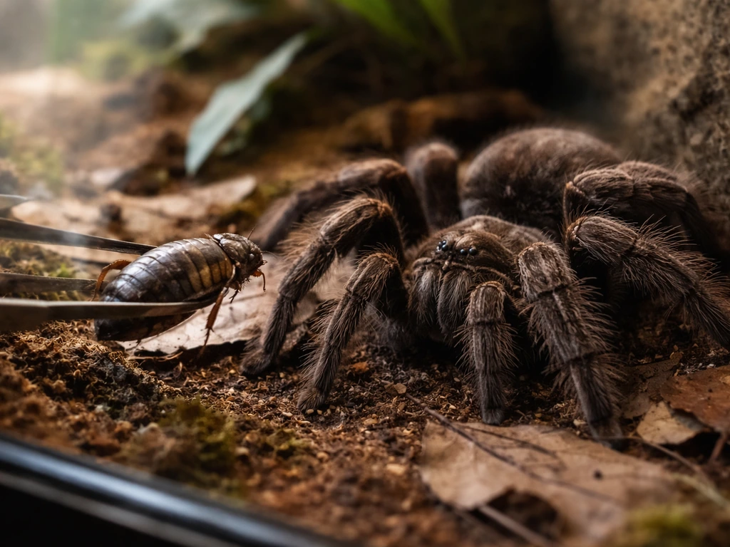 Large gut-loaded roaches/crickets offered to a Goliath bird-eater inside a terrarium