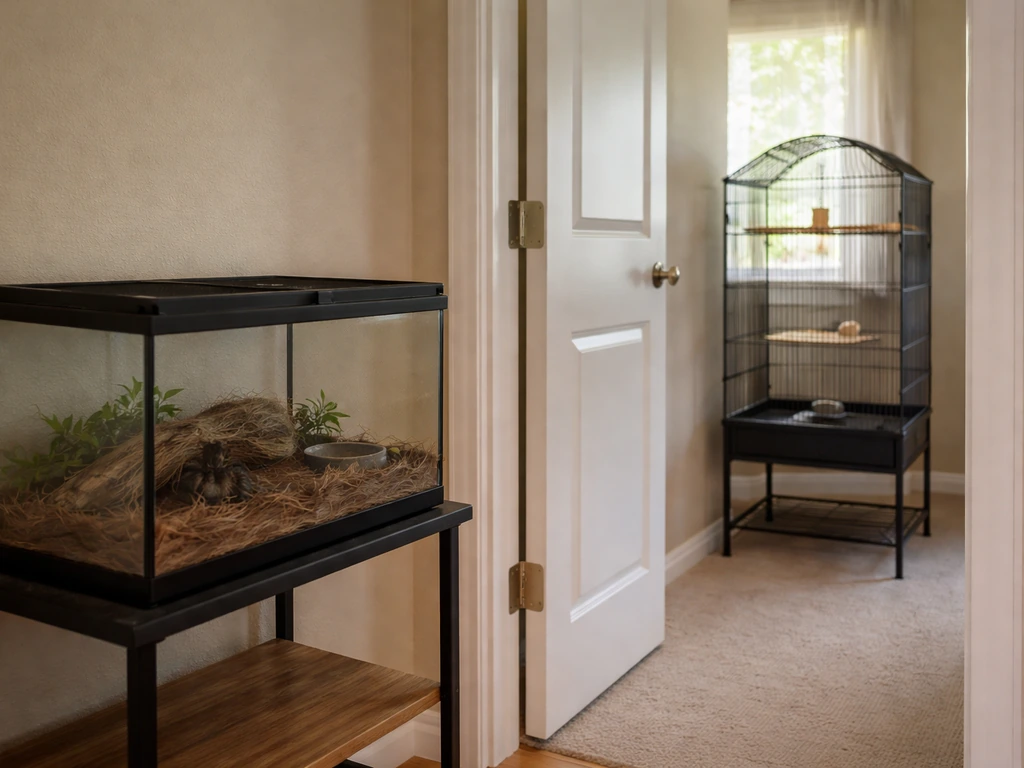 Separated tarantula enclosure and pet bird cage in a home, showing safe room-distance setup.