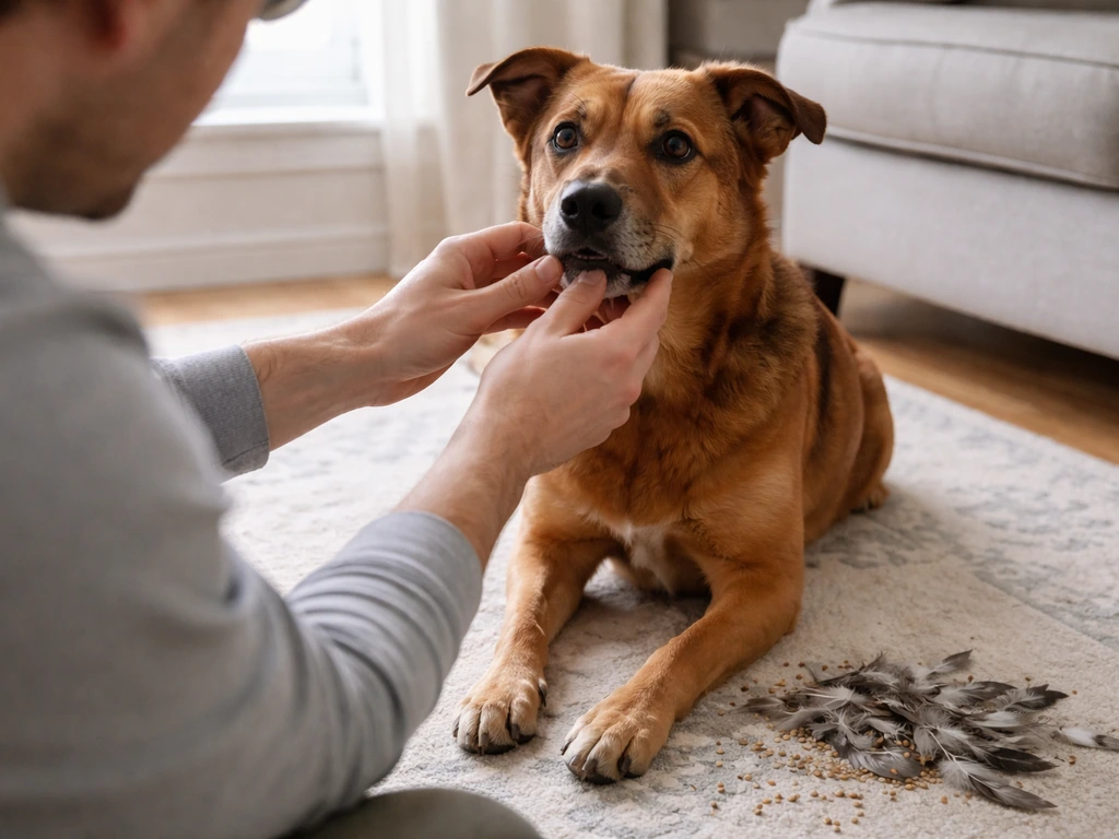 Dog indoors near scattered bird feathers while an owner prepares to check the dog’s mouth