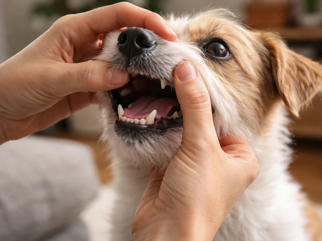 Person gently checks a small dog’s mouth for choking while the dog remains calm and breathing normally.