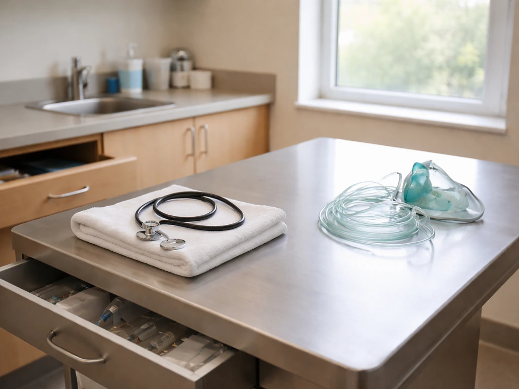 Empty vet exam room with stethoscope and oxygen mask laid out, suggesting urgent respiratory care.
