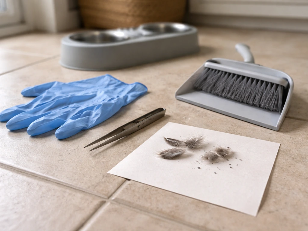 Gloves, tweezers, and cleanup tools laid out with a few removed bird feathers on a kitchen floor.