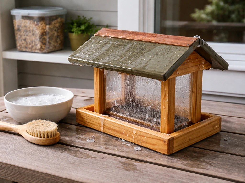 Bird feeder being cleaned and birdseed stored in an airtight container in a cool, dry spot