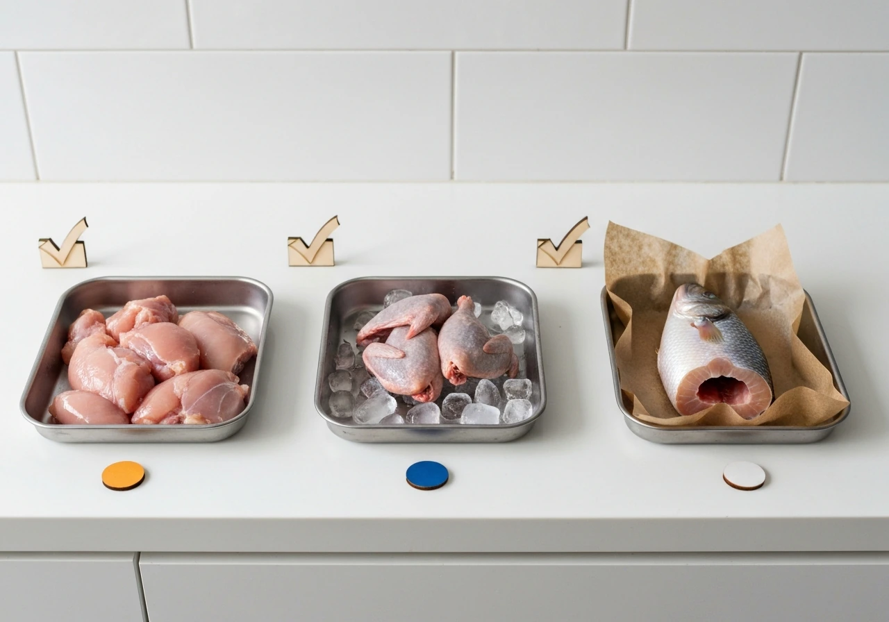 Three protein trays side by side with small checkmarks/circles implying safety comparison, no text.