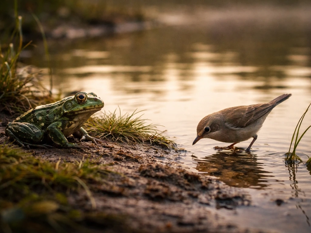 Small frog at pond edge while a small bird approaches to drink, tense but safe backyard moment.