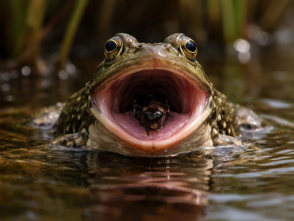 Close-up of a frog swallowing prey whole with mouth wide open in shallow water.