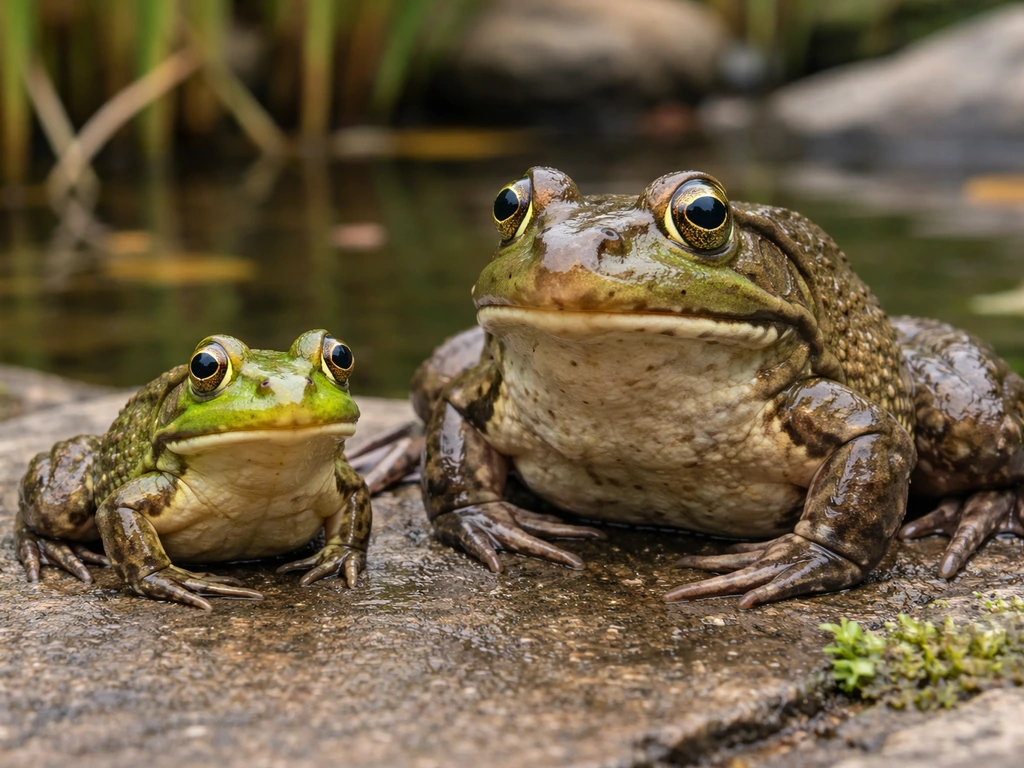 A small garden frog beside a much larger bullfrog on a damp pond edge, showing size differences.