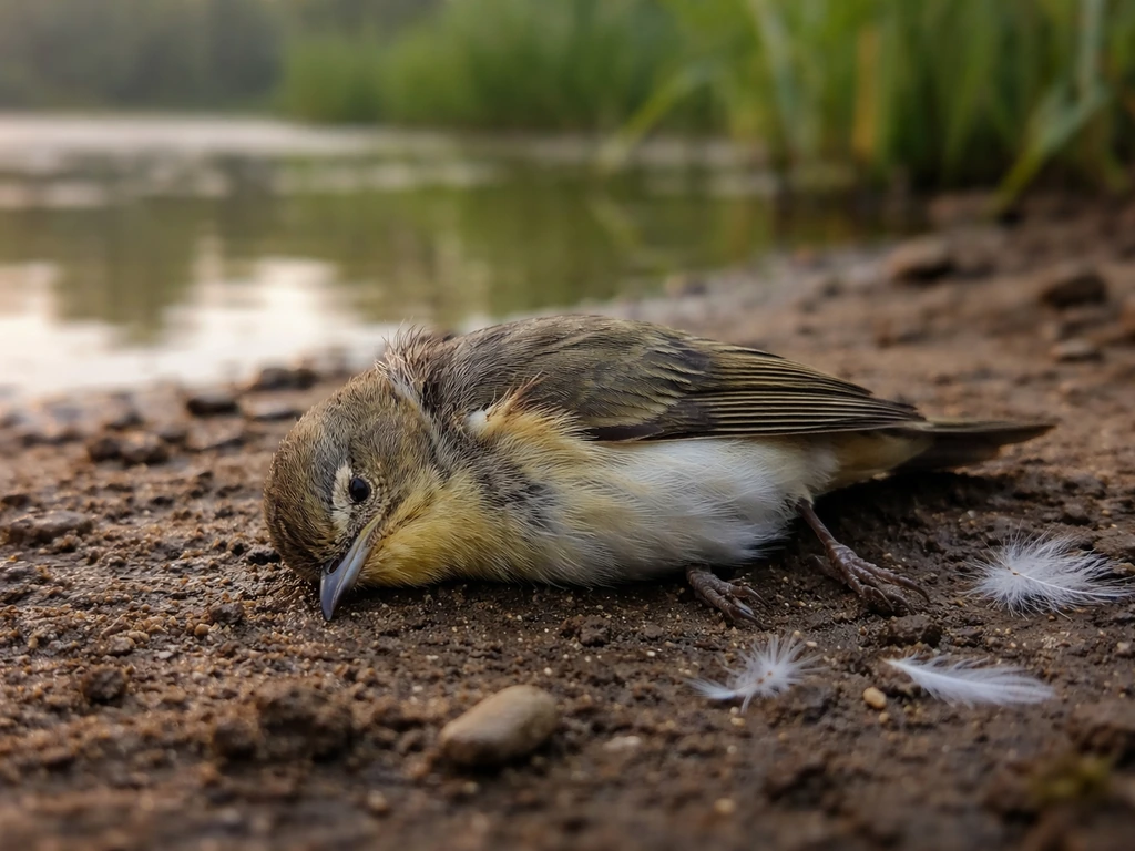 Close-up of a small bird carcass on wet ground near a pond, with subtle predation-like damage