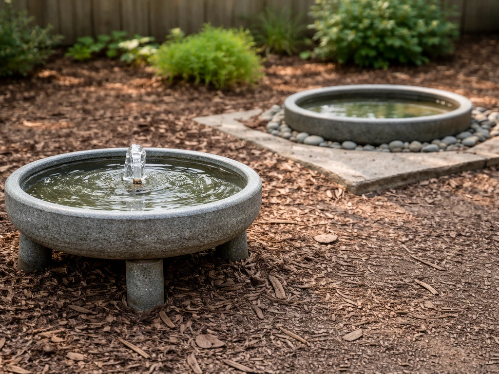 Raised birdbath in a backyard with a clear, elevated drinking setup away from ground-level frog access.