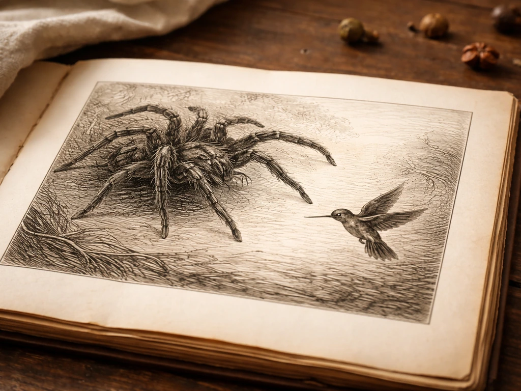 Open 18th-century engraving showing a tarantula attacking a hummingbird, on a wooden desk.
