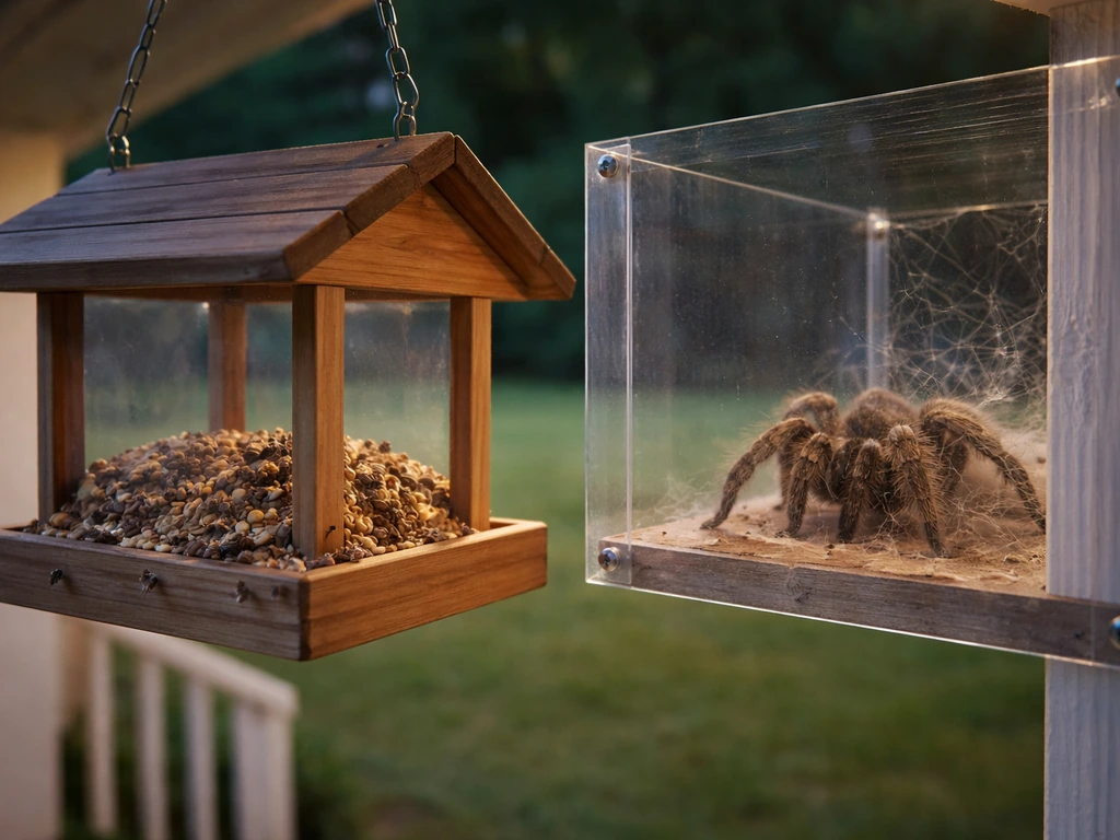 Bird feeder with insects nearby, and a tarantula safely out of reach behind a barrier
