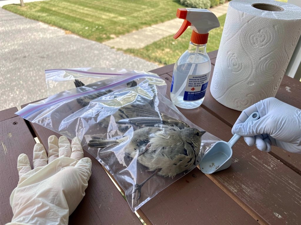 Double-bagged dead bird with gloves and disinfectant ready for safe handling