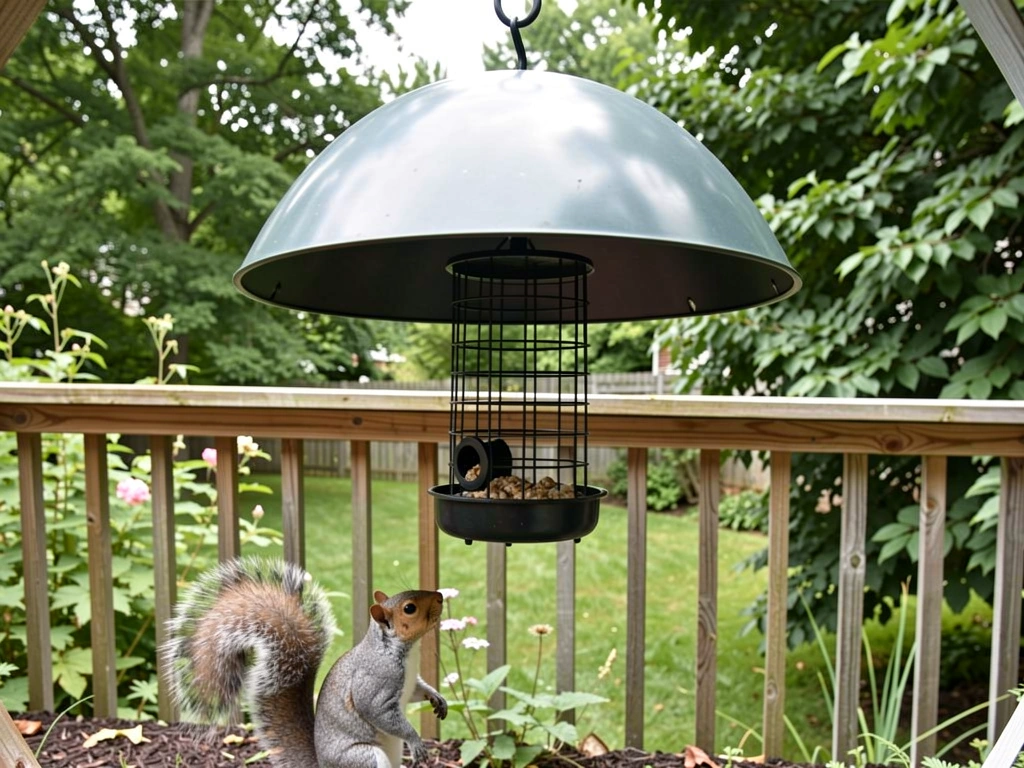 Dome squirrel baffle mounted above a hanging feeder blocking a squirrel