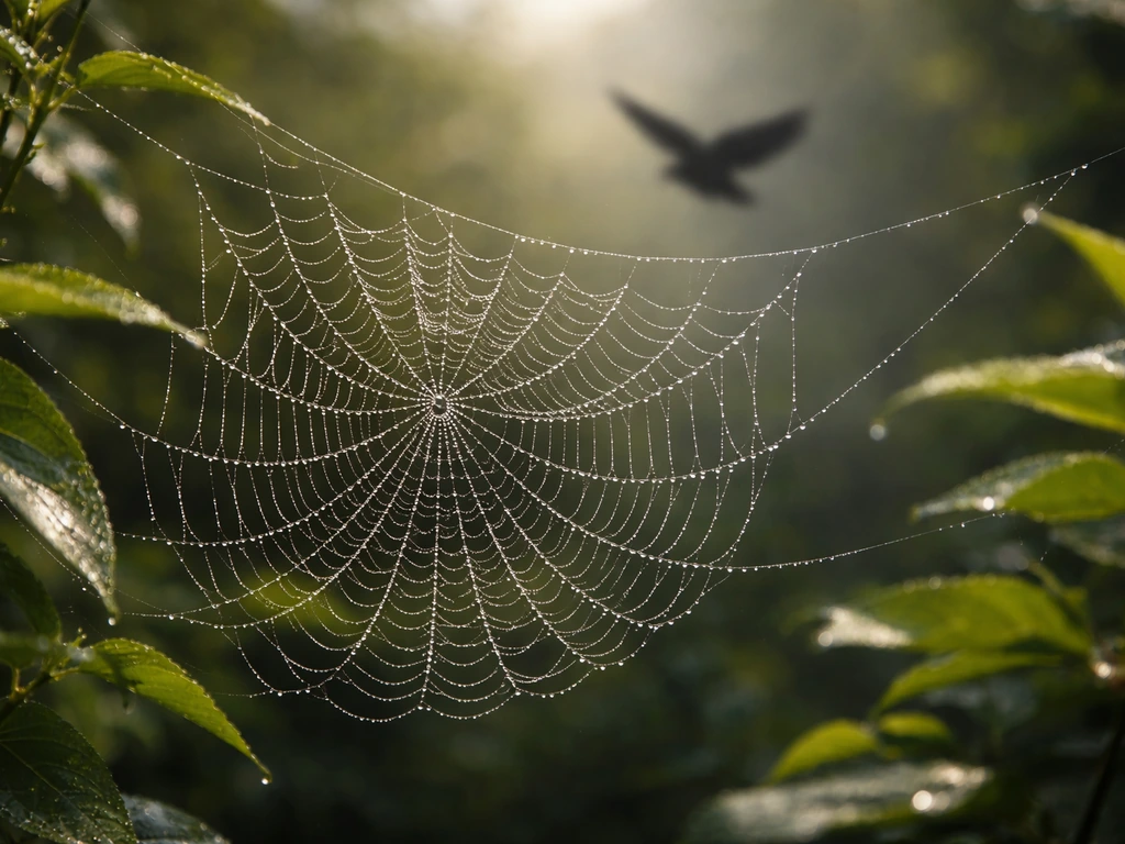 Orb-weaver web glistening on green vegetation with a small bird silhouette near the strands