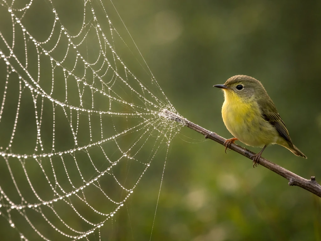 Tiny small songbird perched near an orb-weaver web intersection with dew droplets in soft morning light.