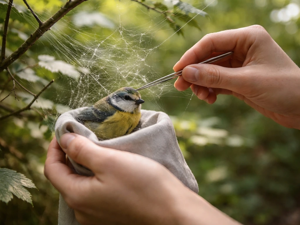 Gently releasing a live bird from an orb web in a garden, supported with a small container.