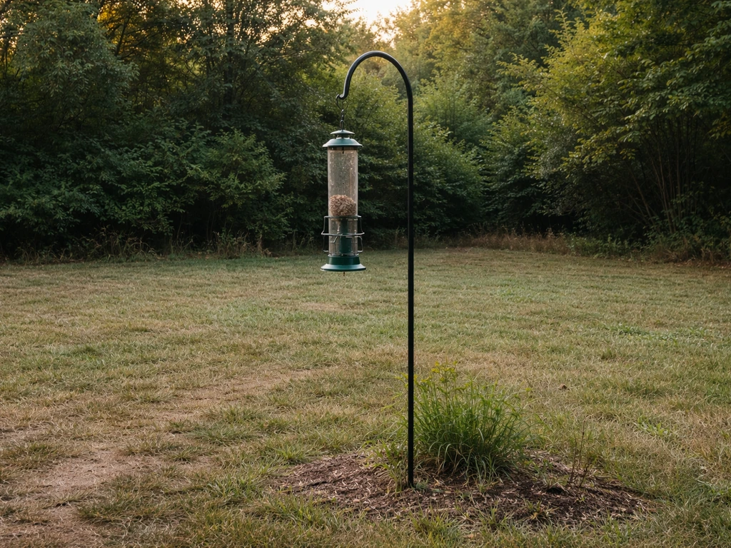 Bird feeder on an open metal pole with clear flight space, away from dense shrubs.
