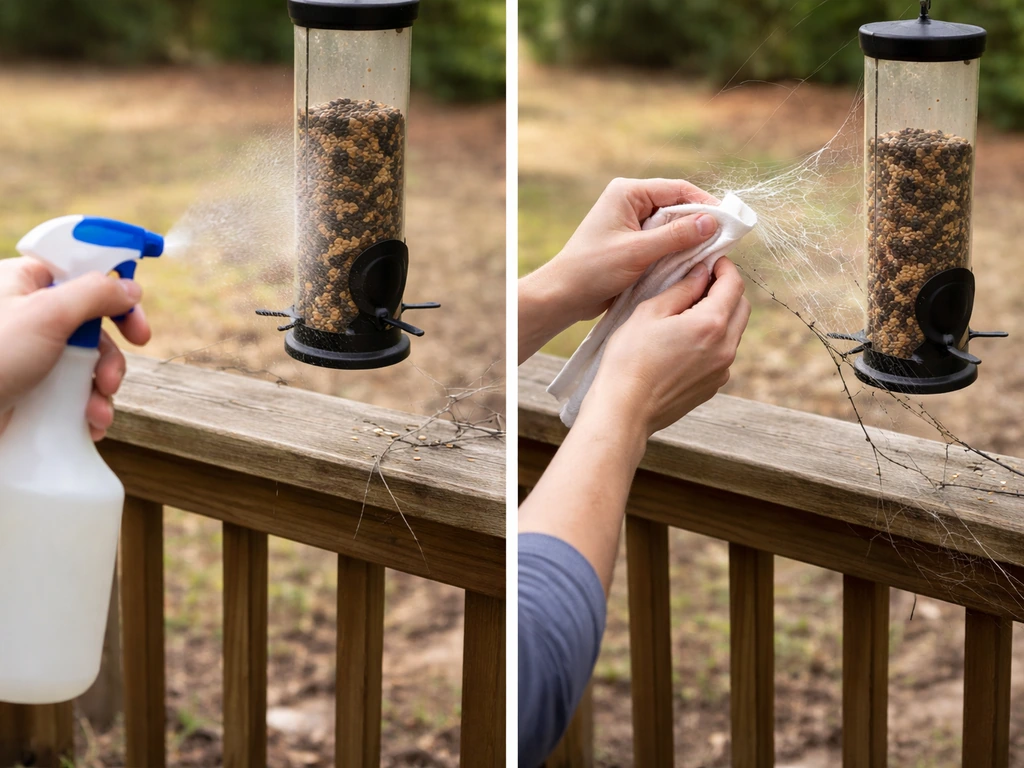 Split scene of feeder area: no spraying pesticides vs manual removal of a web with a cloth or small tool