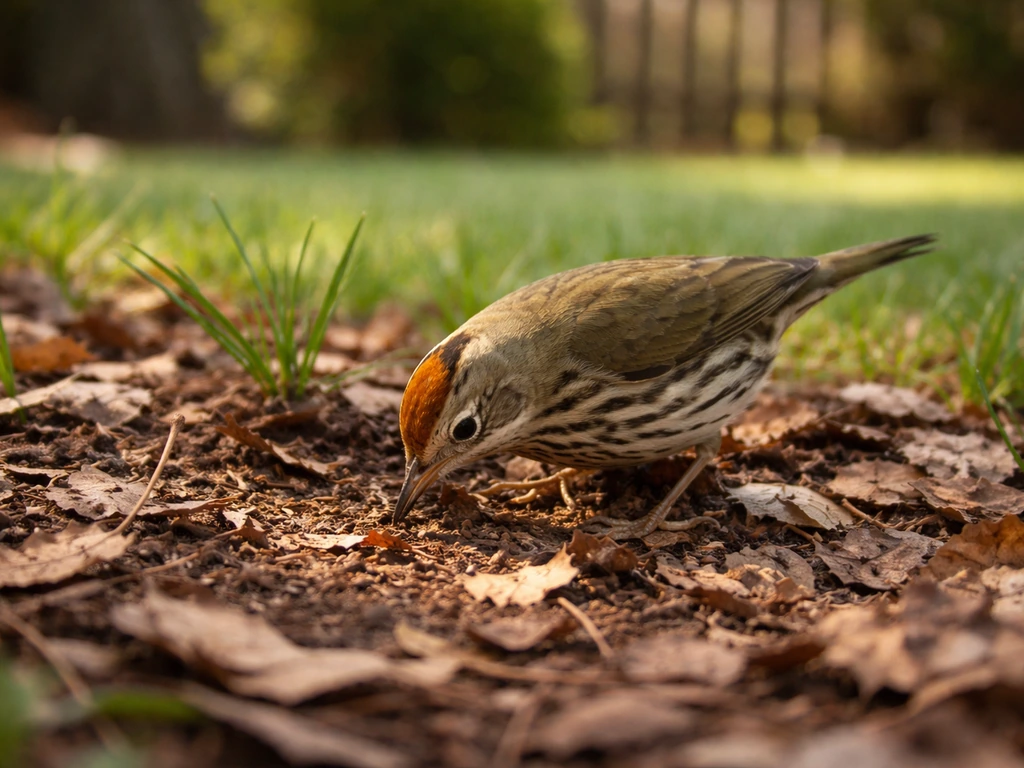 Small ground-foraging songbird pecking in leaf litter and grass edge where ticks may be present