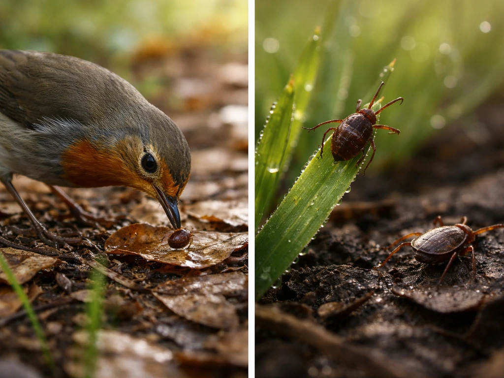Close-up split scene: a bird’s beak about to pick up a tick versus a tick on leaf litter and grass blades.
