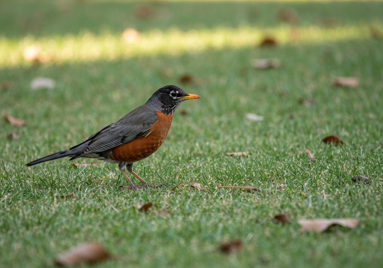 American robin foraging in a clear suburban yard, hopping then pausing with head tilt before jabbing the ground.