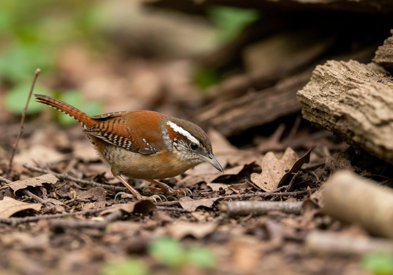 Carolina wren probing leaf litter at the edge of a woodpile, foraging on the ground.
