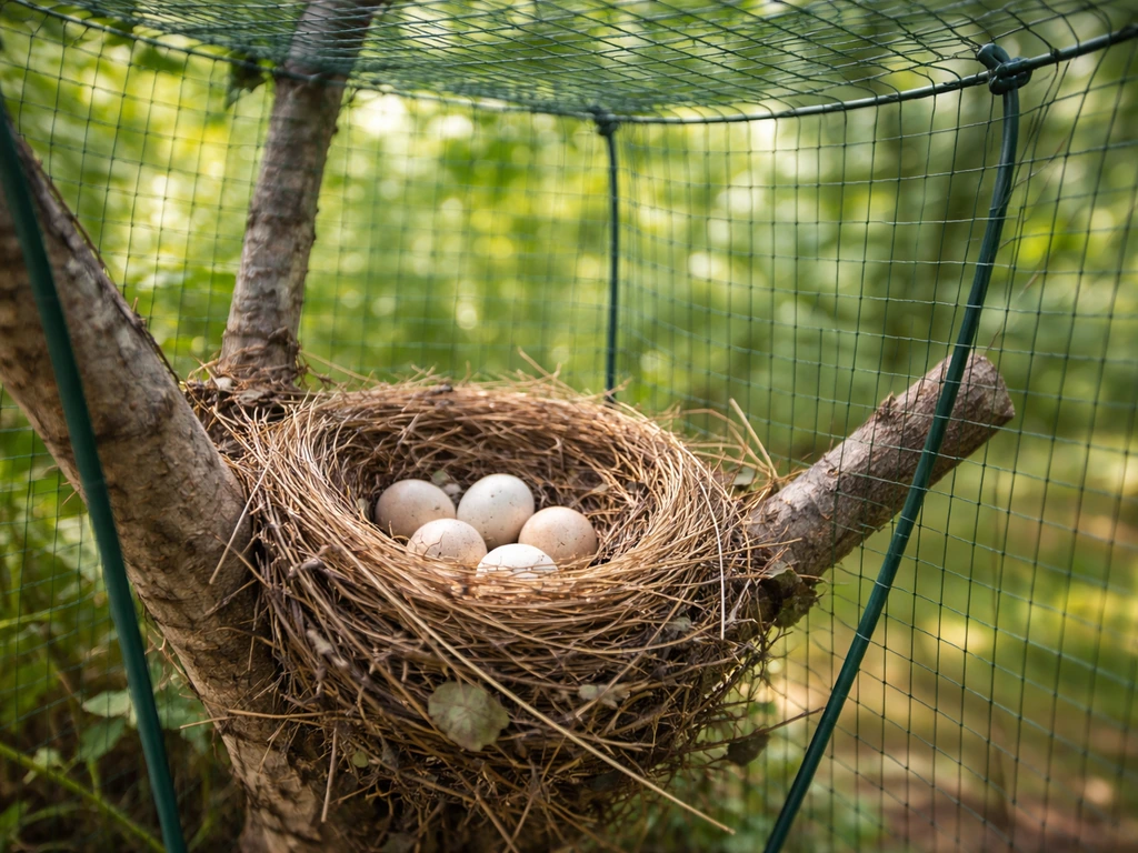 Close-up of a bird nest with intact eggs protected by fine garden netting barrier.