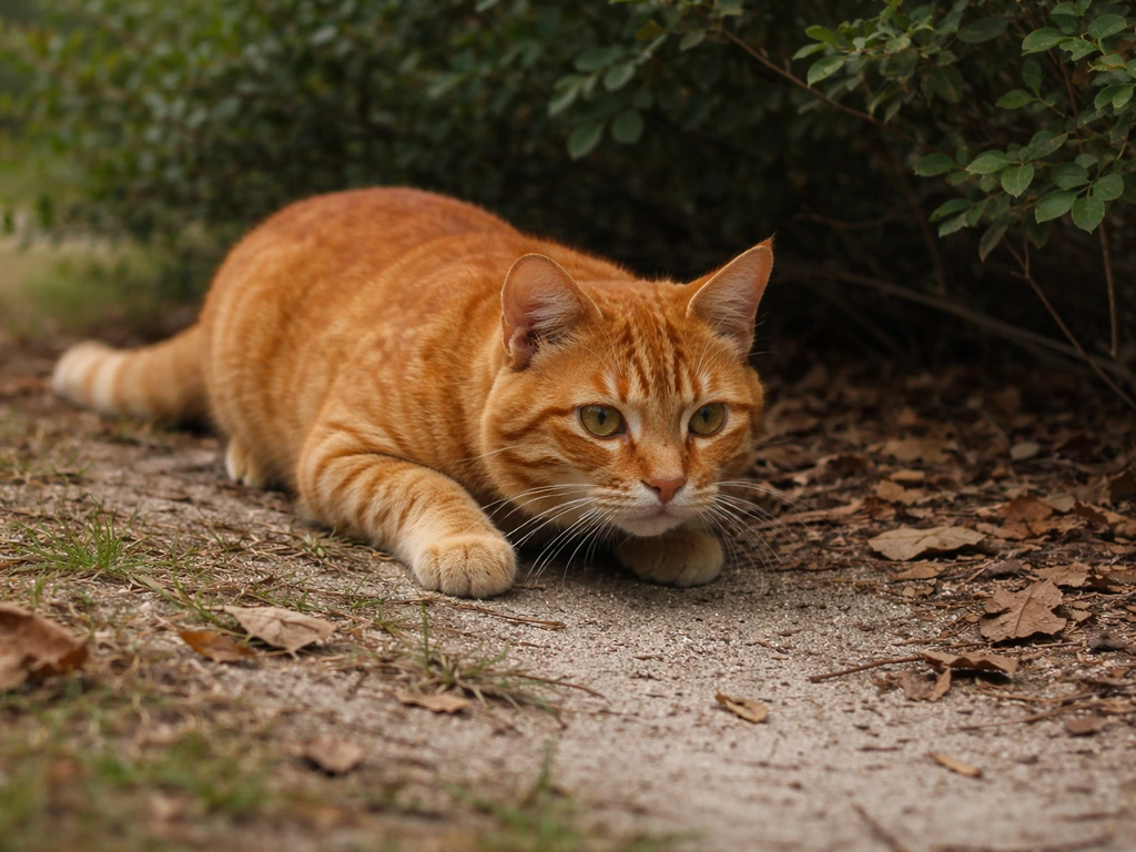 A domestic cat crouches and stalks near a low shrub, illustrating an egg-hunting moment.