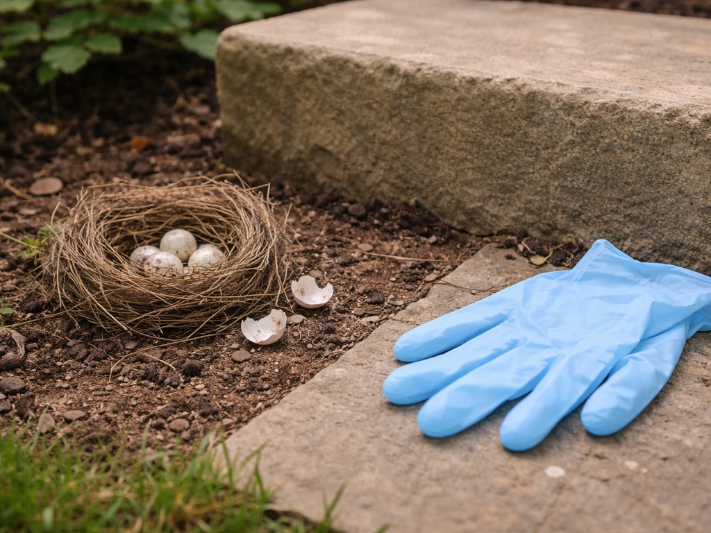 Broken eggshells beside a small nest with nitrile gloves on a garden ledge in natural light.